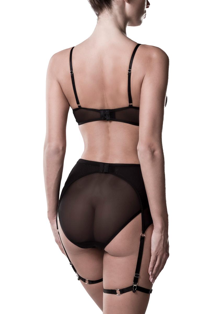 Black erotic set 3-piece lingerie set with fine mesh fabric bra and high-waist panties