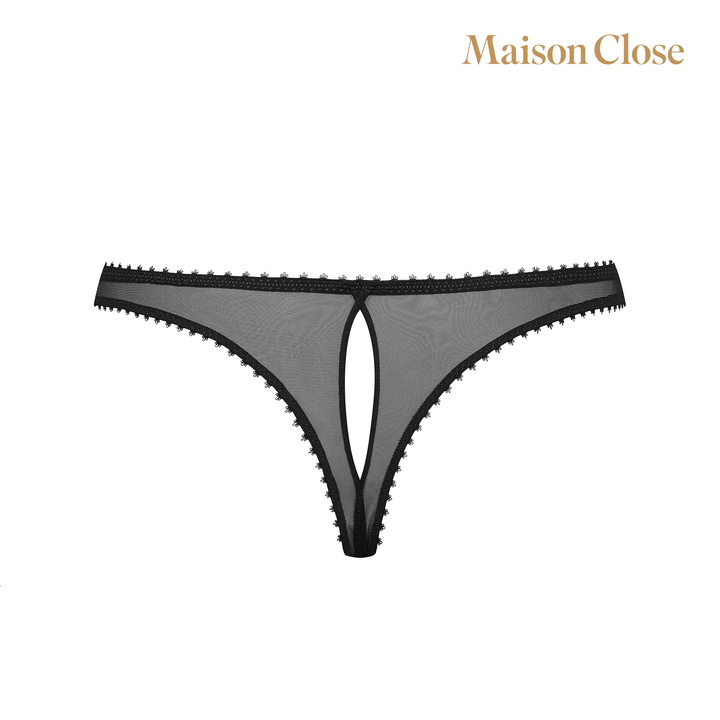 Openable thong - Accroche Coeur, rigid lace design with picot elastic