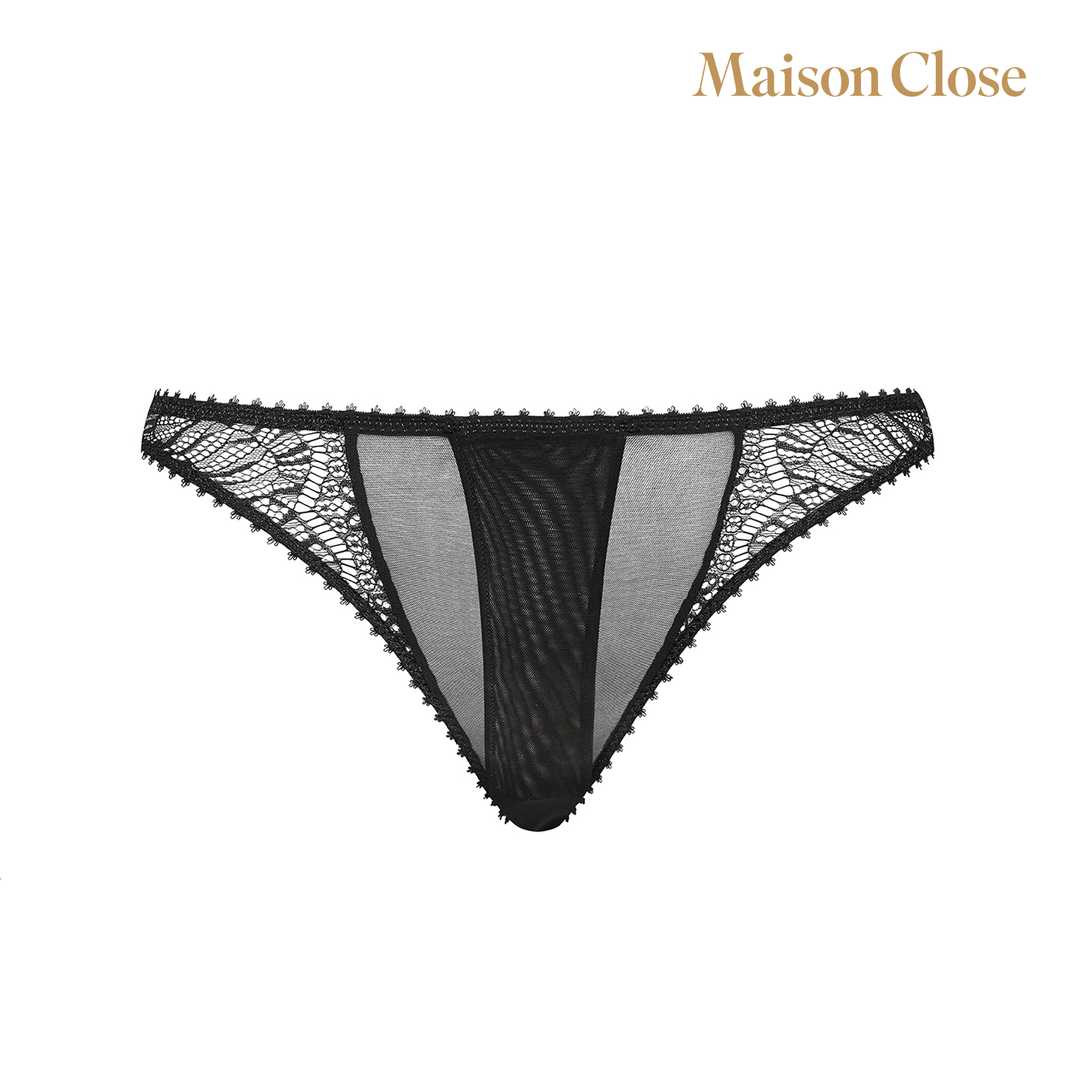 Openable thong - Accroche Coeur, rigid lace design with picot elastic